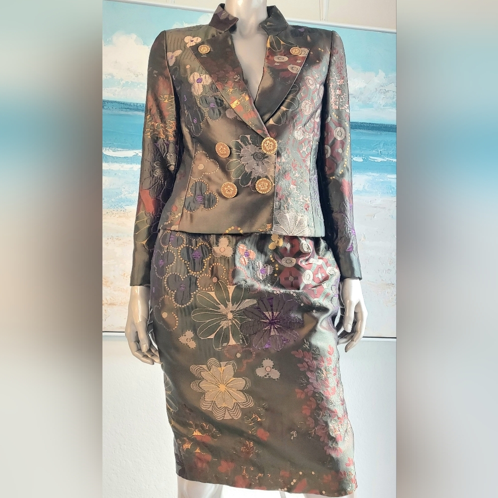 ❤️BUY2️⃣GET1️⃣🩷FREE♧$7,000 OSCAR DE LA RENTA SILK JACKET SKIRT RUNW SUIT M